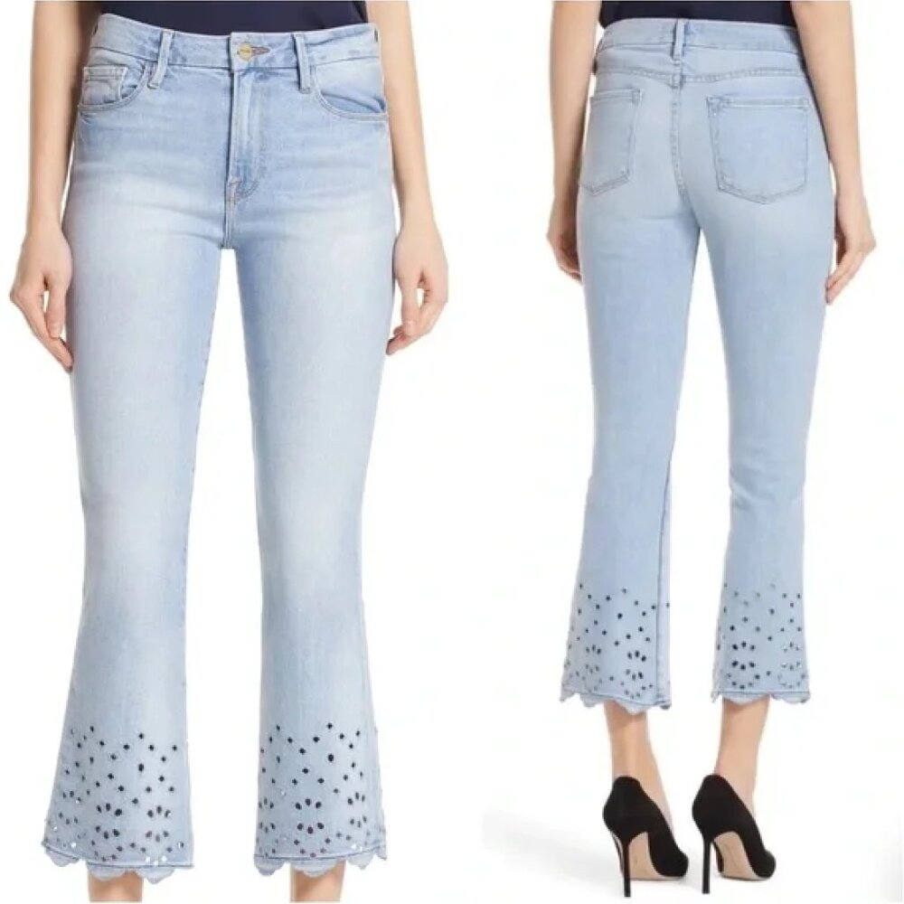 Frame Denim Light Wash Cropped Flare Jeans with Eyelet Hem